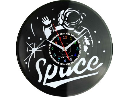 ZEGAR ŚCIENNY KOSMONAUTA ASTRONAUTA FLUORESCENCYJNE TŁO PŁYTA WINYLOWA PREZENT UPOMINEK URODZINY GIFT SOUVENIR EVEVO F0038