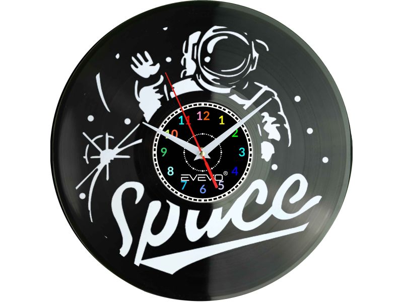 ZEGAR ŚCIENNY KOSMONAUTA ASTRONAUTA FLUORESCENCYJNE TŁO PŁYTA WINYLOWA PREZENT UPOMINEK URODZINY GIFT SOUVENIR EVEVO F0038