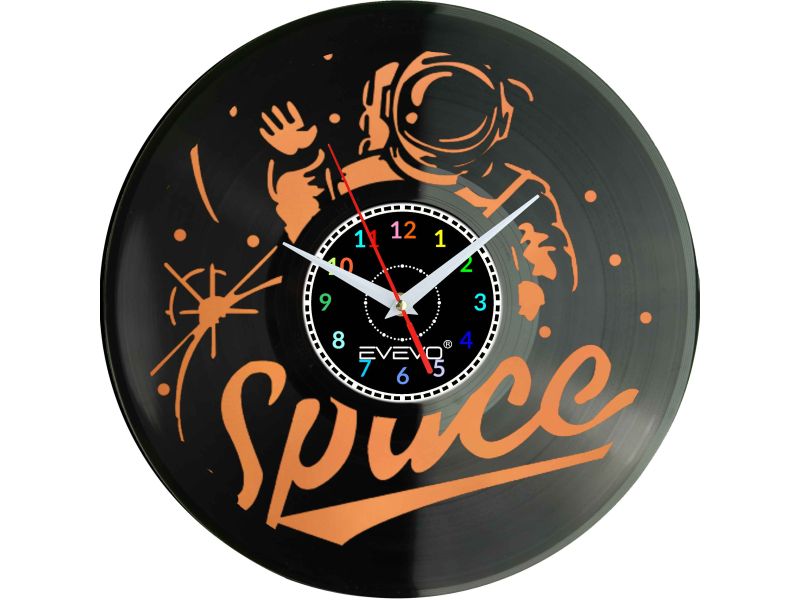 ZEGAR ŚCIENNY KOSMONAUTA ASTRONAUTA FLUORESCENCYJNE TŁO PŁYTA WINYLOWA PREZENT UPOMINEK URODZINY GIFT SOUVENIR EVEVO W0038 AMZON