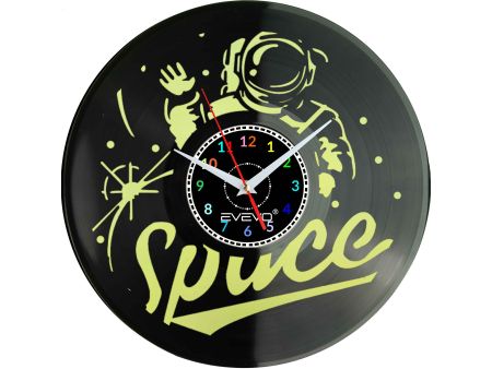 ZEGAR ŚCIENNY KOSMONAUTA ASTRONAUTA FLUORESCENCYJNE TŁO PŁYTA WINYLOWA PREZENT UPOMINEK URODZINY GIFT SOUVENIR EVEVO W0038