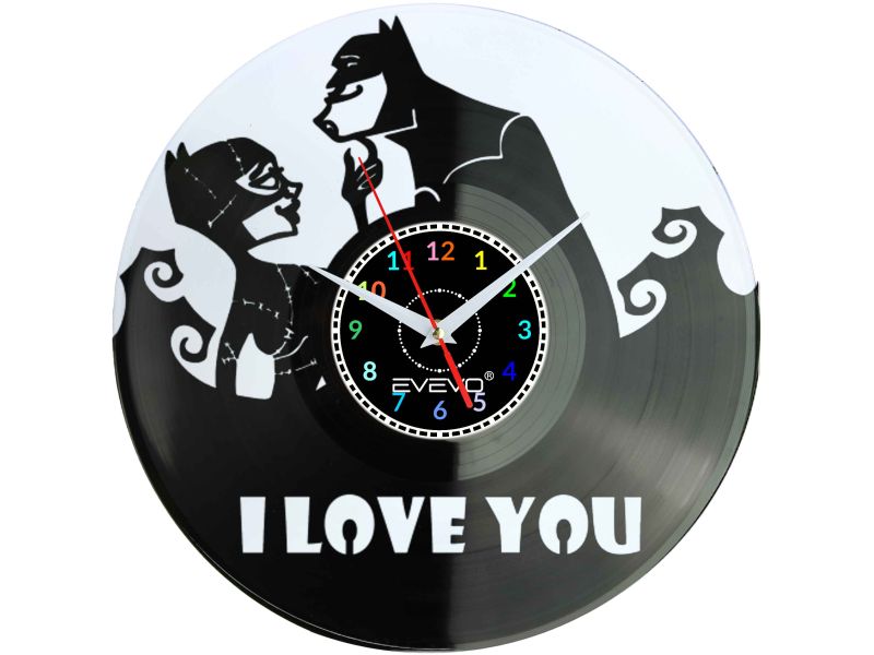 ZEGAR ŚCIENNY I LOVE YOU BATMAN CATWOMAN FLUORESCENCYJNE TŁO PŁYTA WINYLOWA PREZENT UPOMINEK URODZINY GIFT SOUVENIR EVEVO F0039