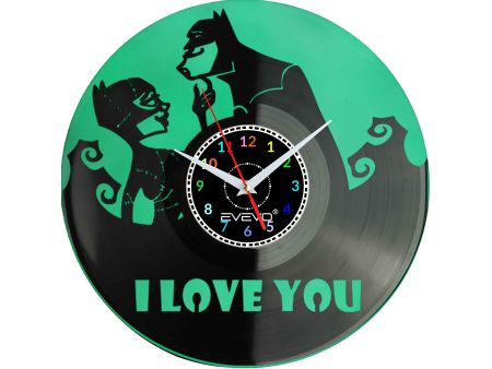ZEGAR ŚCIENNY I LOVE YOU BATMAN CATWOMAN FLUORESCENCYJNE TŁO PŁYTA WINYLOWA PREZENT UPOMINEK URODZINY GIFT SOUVENIR EVEVO F0039