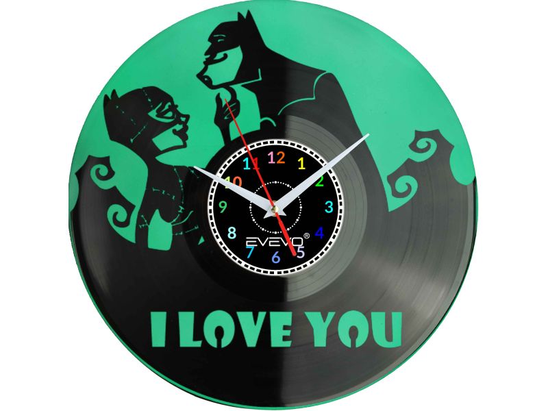 ZEGAR ŚCIENNY I LOVE YOU BATMAN CATWOMAN FLUORESCENCYJNE TŁO PŁYTA WINYLOWA PREZENT UPOMINEK URODZINY GIFT SOUVENIR EVEVO F0039