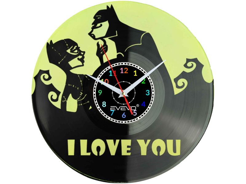ZEGAR ŚCIENNY I LOVE YOU BATMAN CATWOMAN FLUORESCENCYJNE TŁO PŁYTA WINYLOWA PREZENT UPOMINEK URODZINY GIFT SOUVENIR EVEVO W0039