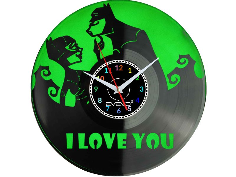 ZEGAR ŚCIENNY I LOVE YOU BATMAN CATWOMAN FLUORESCENCYJNE TŁO PŁYTA WINYLOWA PREZENT UPOMINEK URODZINY GIFT SOUVENIR EVEVO W0039