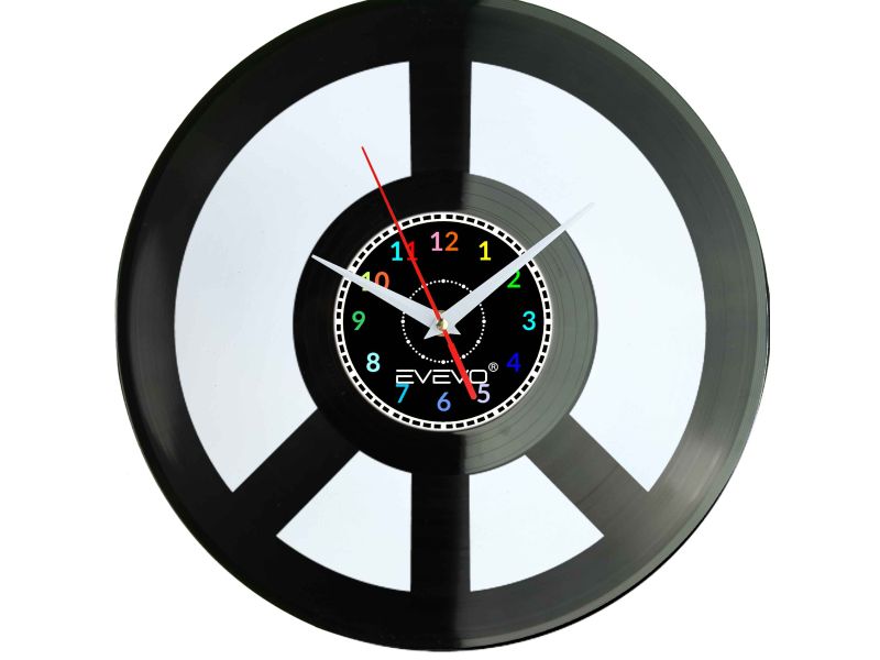 ZEGAR ŚCIENNY PEACE ZNAK POKOJU PACYFIZM FLUORESCENCYJNE TŁO PŁYTA WINYLOWA PREZENT UPOMINEK URODZINY GIFT SOUVENIR EVEVO F0040