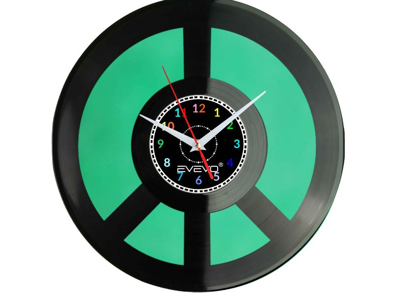 ZEGAR ŚCIENNY PEACE ZNAK POKOJU PACYFIZM FLUORESCENCYJNE TŁO PŁYTA WINYLOWA PREZENT UPOMINEK URODZINY GIFT SOUVENIR EVEVO F0040