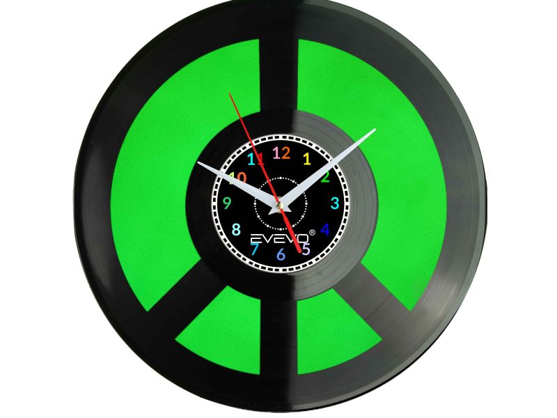 ZEGAR ŚCIENNY PEACE ZNAK POKOJU PACYFIZM FLUORESCENCYJNE TŁO PŁYTA WINYLOWA PREZENT UPOMINEK URODZINY GIFT SOUVENIR EVEVO W0040
