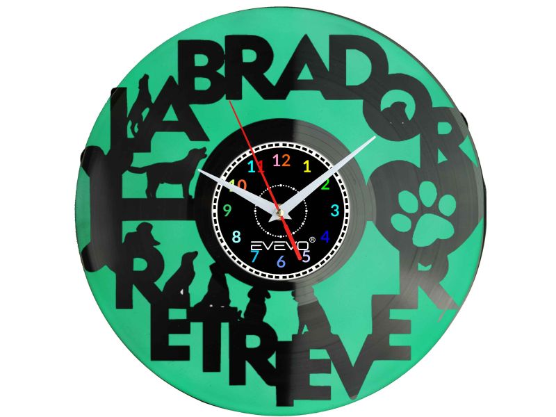 ZEGAR ŚCIENNY LABLADOR RETRIEVER MYŚLIWSKI PIES FLUORESCENCYJNE TŁO PŁYTA WINYLOWA PREZENT UPOMINEK URODZINY EVEVO F0041