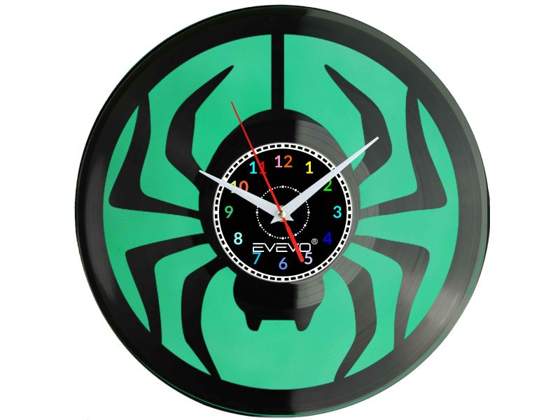 ZEGAR ŚCIENNY PAJĄK SZEŚCIONOGI KOSARZ KRZYŻAK FLUORESCENCYJNE TŁO PŁYTA WINYLOWA PREZENT UPOMINEK URODZINY EVEVO F0042