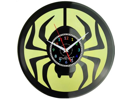 ZEGAR ŚCIENNY PAJĄK SZEŚCIONOGI KOSARZ KRZYŻAK FLUORESCENCYJNE TŁO PŁYTA WINYLOWA PREZENT UPOMINEK URODZINY EVEVO W0042