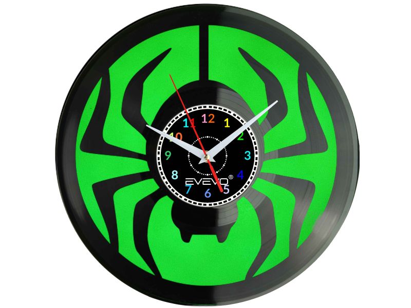 ZEGAR ŚCIENNY PAJĄK SZEŚCIONOGI KOSARZ KRZYŻAK FLUORESCENCYJNE TŁO PŁYTA WINYLOWA PREZENT UPOMINEK URODZINY EVEVO W0042