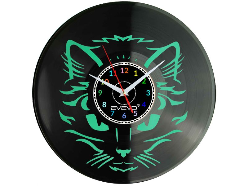 ZEGAR ŚCIENNY KOT DACHOWIEC KOTY KOCIAK FLUORESCENCYJNE TŁO PŁYTA WINYLOWA PREZENT UPOMINEK URODZINY GIFT SOUVENIR EVEVO F0043