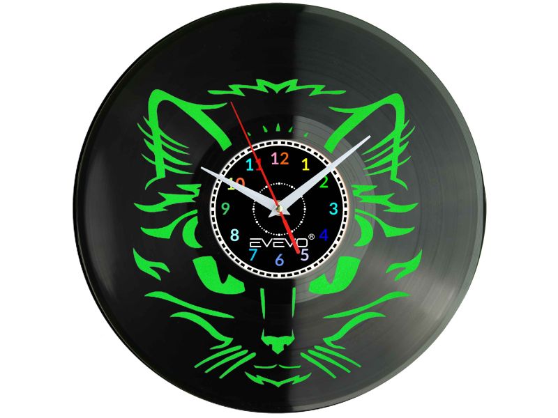 ZEGAR ŚCIENNY KOT DACHOWIEC KOTY KOCIAK FLUORESCENCYJNE TŁO PŁYTA WINYLOWA PREZENT UPOMINEK URODZINY GIFT SOUVENIR EVEVO W0043