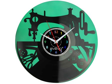 MASZYNA DO SZYCIA SZYCIE PROJEKTOWANIE ZEGAR ŚCIENNY FLUORESCENCYJNE TŁO PŁYTA WINYLOWA PREZENT UPOMINEK URODZINY EVEVO F0044