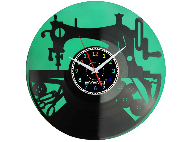 MASZYNA DO SZYCIA SZYCIE PROJEKTOWANIE ZEGAR ŚCIENNY FLUORESCENCYJNE TŁO PŁYTA WINYLOWA PREZENT UPOMINEK URODZINY EVEVO F0044