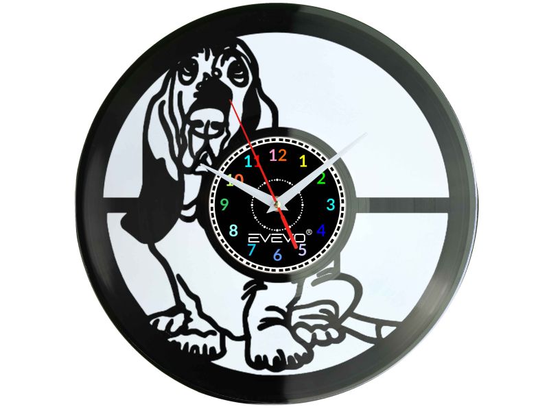 BASSET BRETOŃSKI PIES ZEGAR ŚCIENNY FLUORESCENCYJNE TŁO PŁYTA WINYLOWA PREZENT UPOMINEK URODZINY GIFT SOUVENIR EVEVO F0046