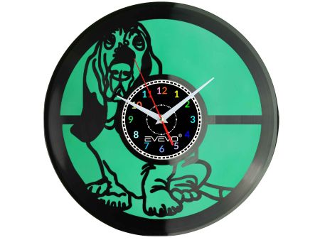 BASSET BRETOŃSKI PIES ZEGAR ŚCIENNY FLUORESCENCYJNE TŁO PŁYTA WINYLOWA PREZENT UPOMINEK URODZINY GIFT SOUVENIR EVEVO F0046