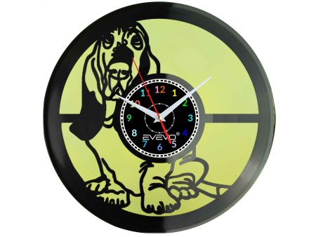 BASSET BRETOŃSKI PIES HOUND ZEGAR ŚCIENNY FLUORESCENCYJNE TŁO PŁYTA WINYLOWA PREZENT UPOMINEK URODZINY GIFT SOUVENIR EVEVO W0046