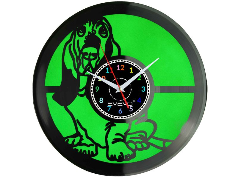 BASSET BRETOŃSKI PIES HOUND ZEGAR ŚCIENNY FLUORESCENCYJNE TŁO PŁYTA WINYLOWA PREZENT UPOMINEK URODZINY GIFT SOUVENIR EVEVO W0046