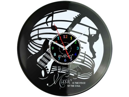 ZEGAR ŚCIENNY ZEGAR DLA MELOMANA JAZZ MUZYKA GITARA FLUORESCENCYJNE TŁO PŁYTA WINYLOWA PREZENT UPOMINEK URODZINY EVEVO F0047