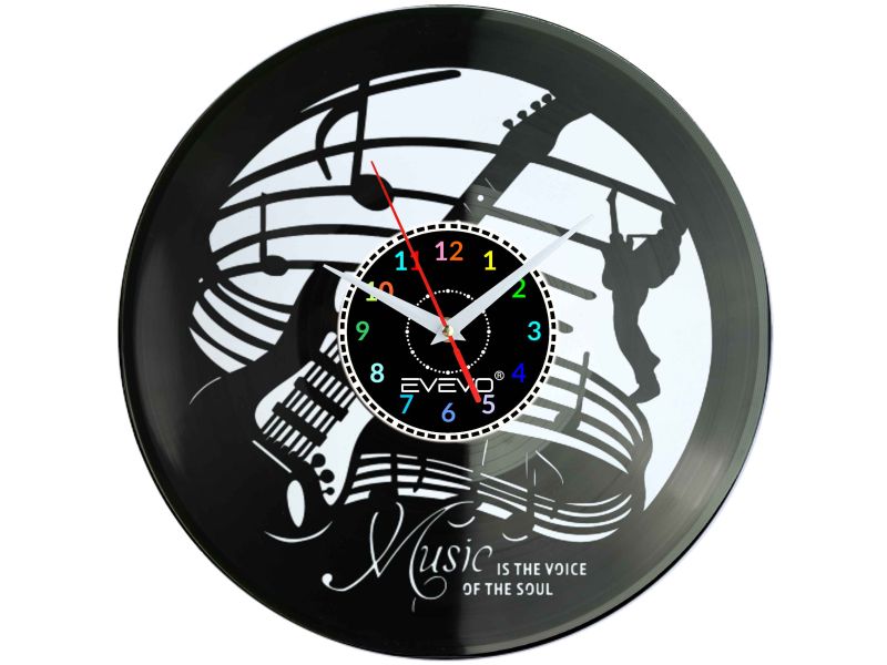 ZEGAR ŚCIENNY ZEGAR DLA MELOMANA JAZZ MUZYKA GITARA FLUORESCENCYJNE TŁO PŁYTA WINYLOWA PREZENT UPOMINEK URODZINY EVEVO F0047