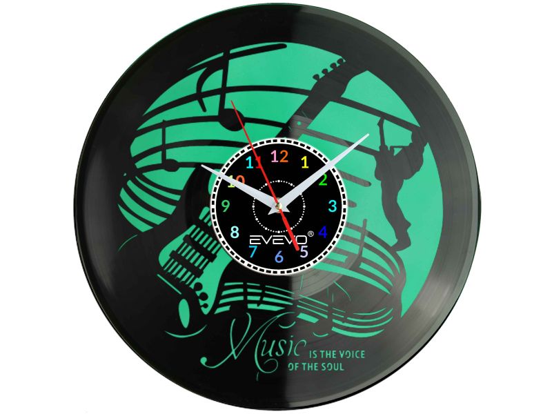 ZEGAR ŚCIENNY ZEGAR DLA MELOMANA JAZZ MUZYKA GITARA FLUORESCENCYJNE TŁO PŁYTA WINYLOWA PREZENT UPOMINEK URODZINY EVEVO F0047