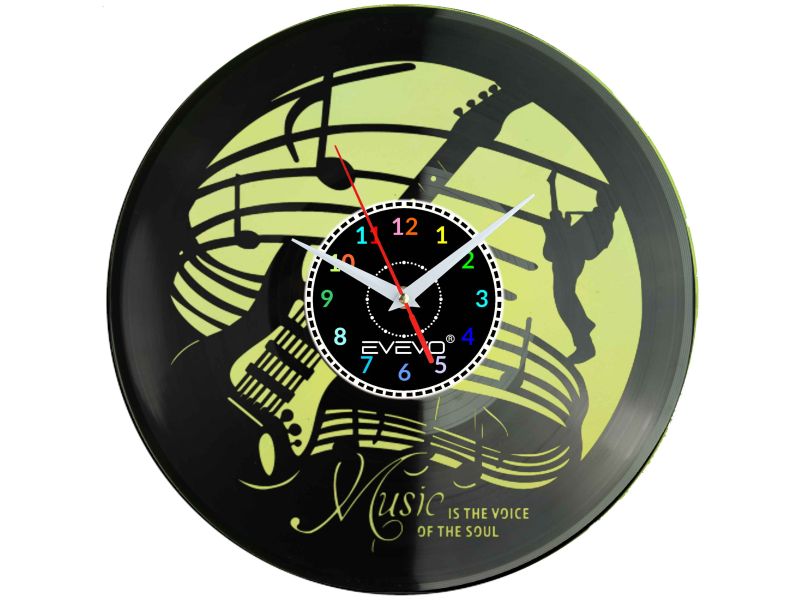 ZEGAR ŚCIENNY ZEGAR DLA MELOMANA JAZZ MUZYKA GITARA FLUORESCENCYJNE TŁO PŁYTA WINYLOWA PREZENT UPOMINEK URODZINY EVEVO W0047