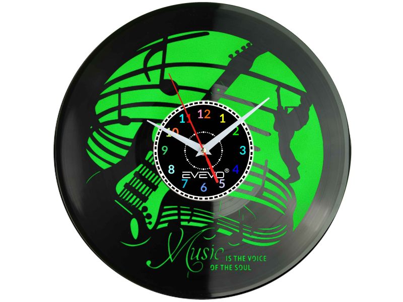 ZEGAR ŚCIENNY ZEGAR DLA MELOMANA JAZZ MUZYKA GITARA FLUORESCENCYJNE TŁO PŁYTA WINYLOWA PREZENT UPOMINEK URODZINY EVEVO W0047
