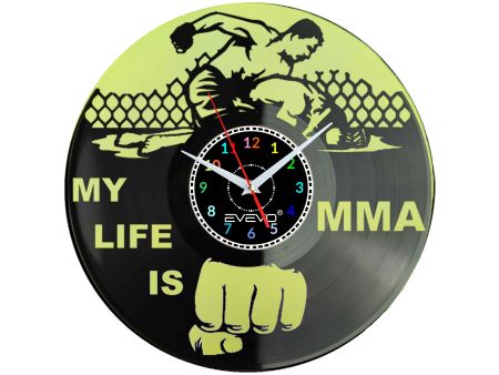 ZEGAR ŚCIENNY MY LIFE IS MMA FLUORESCENCYJNE TŁO PŁYTA WINYLOWA PREZENT UPOMINEK URODZINY GIFT SOUVENIR EVEVO W0048