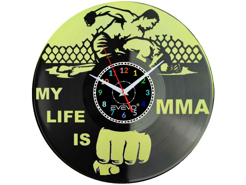 ZEGAR ŚCIENNY MY LIFE IS MMA FLUORESCENCYJNE TŁO PŁYTA WINYLOWA PREZENT UPOMINEK URODZINY GIFT SOUVENIR EVEVO W0048