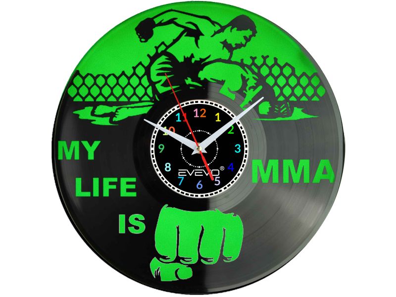 ZEGAR ŚCIENNY MY LIFE IS MMA FLUORESCENCYJNE TŁO PŁYTA WINYLOWA PREZENT UPOMINEK URODZINY GIFT SOUVENIR EVEVO W0048