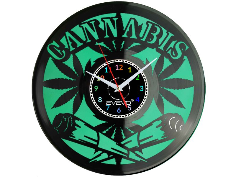 ZEGAR ŚCIENNY ZEGAR PASJONATA CANNABIS FLUORESCENCYJNE TŁO PŁYTA WINYLOWA PREZENT UPOMINEK URODZINY GIFT SOUVENIR EVEVO F0050