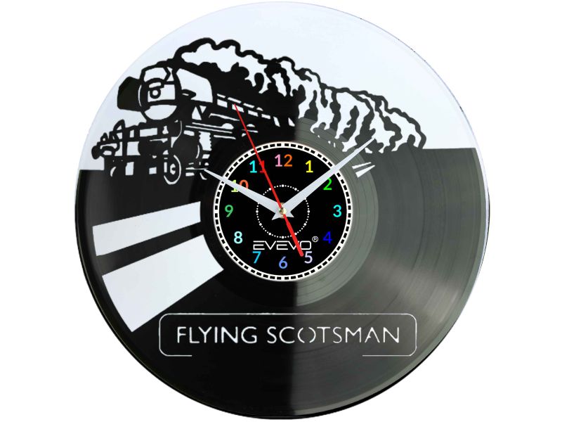 POCIĄG LOKOMOTYWA FLYING SCOTSMAN ZEGAR ŚCIENNY FLUORESCENCYJNE TŁO PŁYTA WINYLOWA PREZENT UPOMINEK URODZINY GIFT EVEVO F0053
