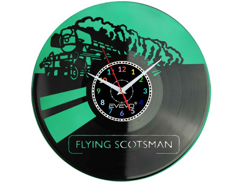 POCIĄG LOKOMOTYWA FLYING SCOTSMAN ZEGAR ŚCIENNY FLUORESCENCYJNE TŁO PŁYTA WINYLOWA PREZENT UPOMINEK URODZINY GIFT EVEVO F0053