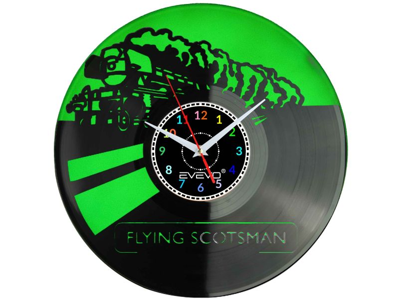 POCIĄG LOKOMOTYWA FLYING SCOTSMAN ZEGAR ŚCIENNY FLUORESCENCYJNE TŁO PŁYTA WINYLOWA PREZENT UPOMINEK URODZINY GIFT EVEVO W0053