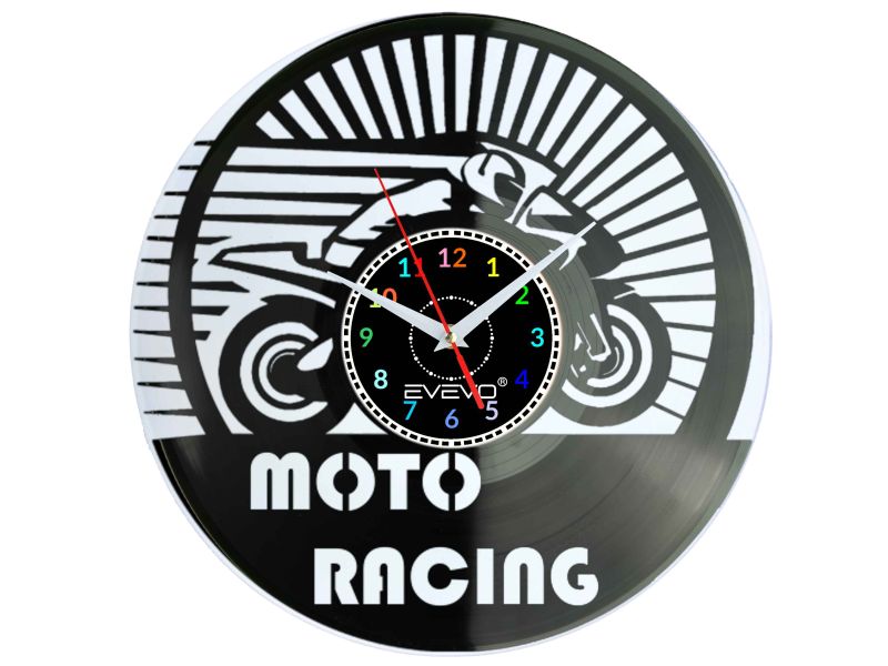 MOTOR MOTOCYKL MOTO RACEING ZEGAR ŚCIENNY FLUORESCENCYJNE TŁO PŁYTA WINYLOWA PREZENT UPOMINEK URODZINY GIFT SOUVENIR EVEVO F0055