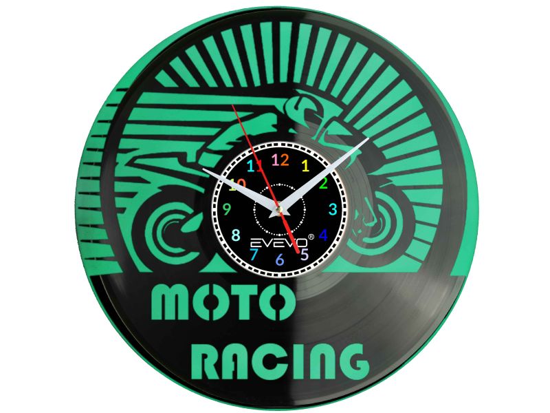 MOTOR MOTOCYKL MOTO RACEING ZEGAR ŚCIENNY FLUORESCENCYJNE TŁO PŁYTA WINYLOWA PREZENT UPOMINEK URODZINY GIFT SOUVENIR EVEVO F0055