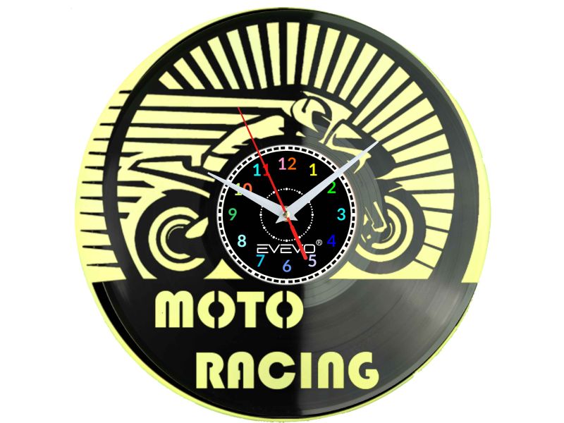 MOTOR MOTOCYKL MOTO RACEING ZEGAR ŚCIENNY FLUORESCENCYJNE TŁO PŁYTA WINYLOWA PREZENT UPOMINEK URODZINY GIFT SOUVENIR EVEVO W0055