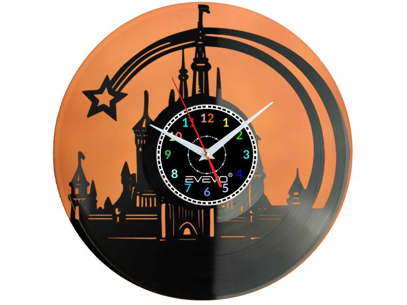 BAJKOWY ZAMEK MYSZKI FANTAZY ZEGAR ŚCIENNY FLUORESCENCYJNE TŁO PŁYTA WINYLOWA PREZENT UPOMINEK URODZINY GIFT EVEVO W0056 ALLEGRO
