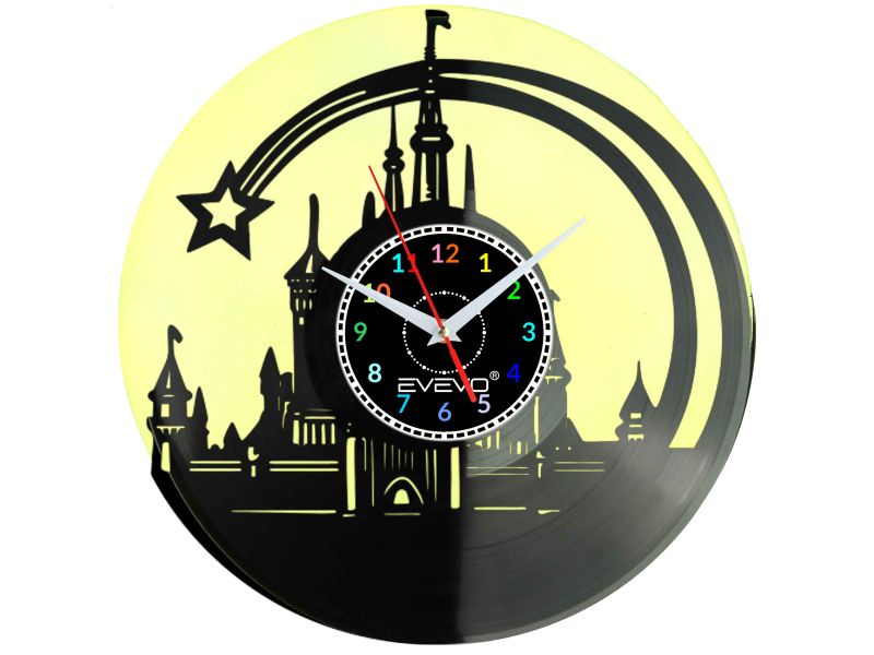 BAJKOWY ZAMEK MYSZKI FANTAZY ZEGAR ŚCIENNY FLUORESCENCYJNE TŁO PŁYTA WINYLOWA PREZENT UPOMINEK URODZINY GIFT EVEVO W0056