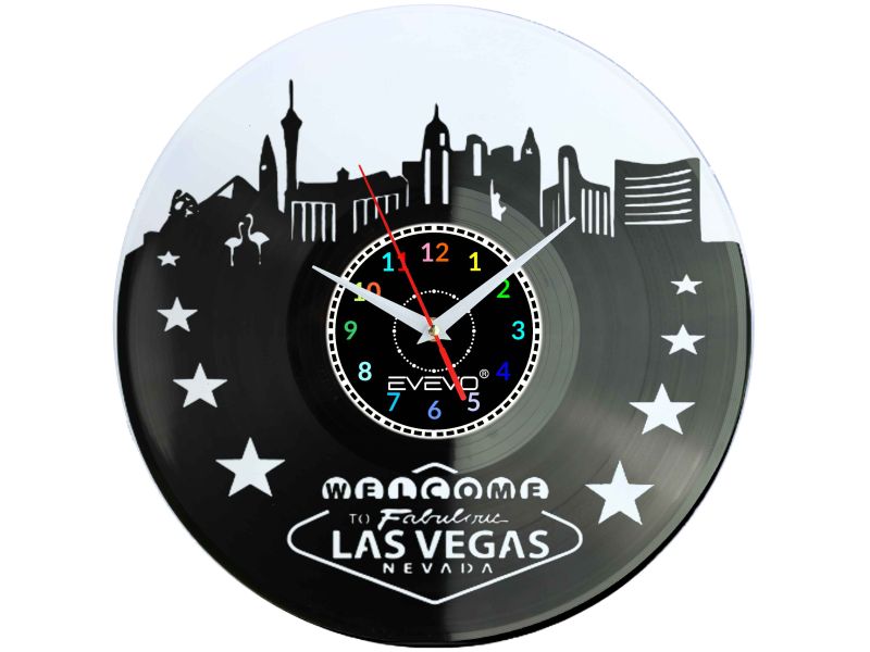 ZEGAR ŚCIENNY LAS VEGAS MIASTO GRZECHU USA FLUORESCENCYJNE TŁO PŁYTA WINYLOWA PREZENT UPOMINEK URODZINY SOUVENIR EVEVO F0058