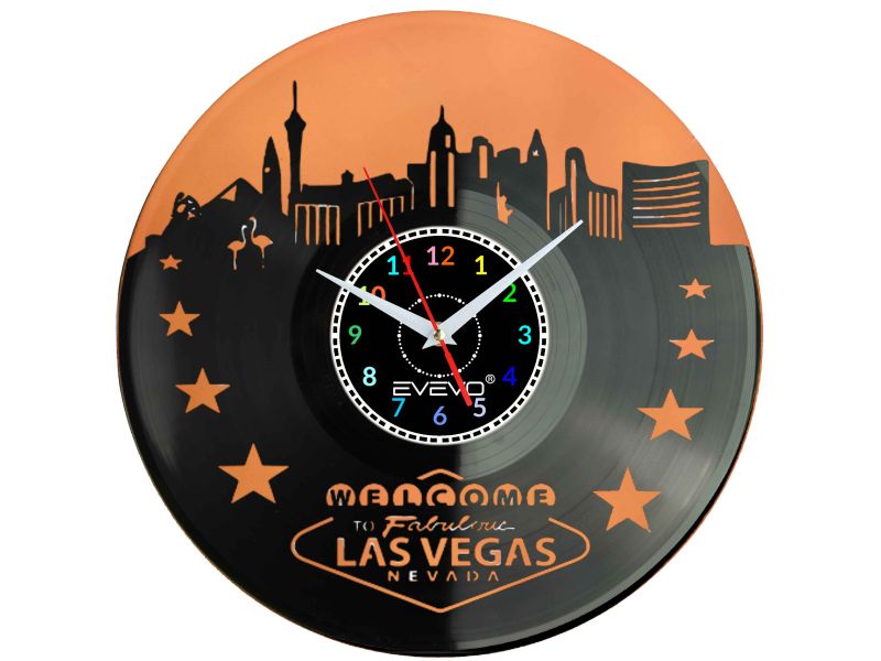 ZEGAR ŚCIENNY LAS VEGAS MIASTO GRZECHU USA FLUORESCENCYJNE TŁO PŁYTA WINYLOWA PREZENT UPOMINEK URODZINY SOUVENIR EVEVO F0058