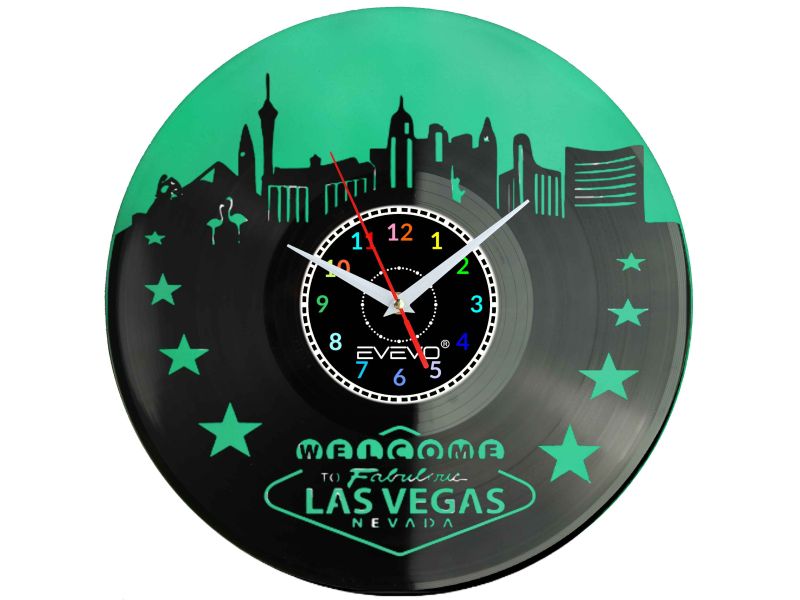 ZEGAR ŚCIENNY LAS VEGAS MIASTO GRZECHU USA FLUORESCENCYJNE TŁO PŁYTA WINYLOWA PREZENT UPOMINEK URODZINY SOUVENIR EVEVO F0058