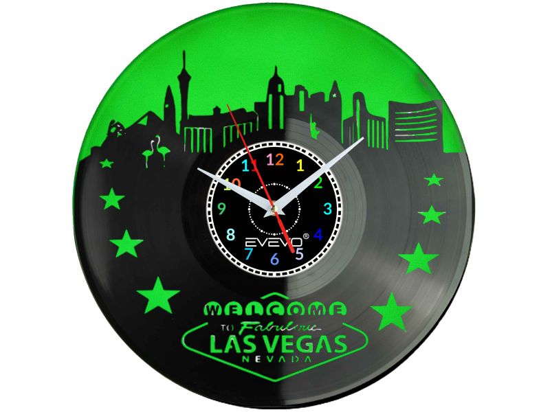 ZEGAR ŚCIENNY LAS VEGAS MIASTO GRZECHU USA FLUORESCENCYJNE TŁO PŁYTA WINYLOWA PREZENT UPOMINEK URODZINY SOUVENIR EVEVO W0058
