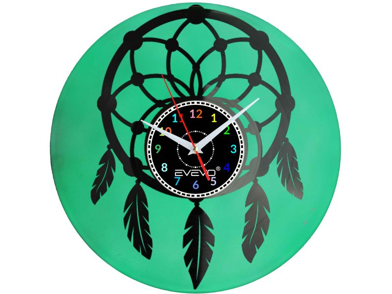 ZEGAR ŚCIENNY ŁAPACZ AMULET ŁOWCA SNÓW FLUORESCENCYJNE TŁO PŁYTA WINYLOWA PREZENT UPOMINEK URODZINY SOUVENIR GIFT EVEVO F0059