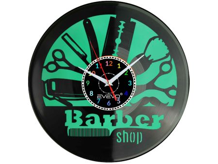 BARBER SHOP GOLIBRODA ZAKLAD SALON BARBERSKI ZEGAR ŚCIENNY FLUORESCENCYJNE TŁO PŁYTA WINYLOWA PREZENT UPOMINEK EVEVO F0060
