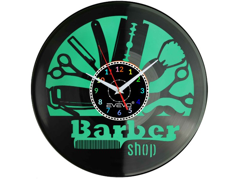 BARBER SHOP GOLIBRODA ZAKLAD SALON BARBERSKI ZEGAR ŚCIENNY FLUORESCENCYJNE TŁO PŁYTA WINYLOWA PREZENT UPOMINEK EVEVO F0060