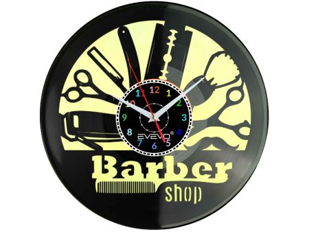 BARBER SHOP GOLIBRODA ZAKLAD SALON BARBERSK ZEGAR ŚCIENNY FLUORESCENCYJNE TŁO PŁYTA WINYLOWA PREZENT UPOMINEK EVEVO W0060