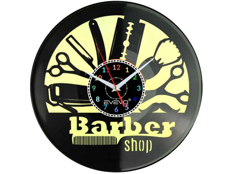 BARBER SHOP GOLIBRODA ZAKLAD SALON BARBERSK ZEGAR ŚCIENNY FLUORESCENCYJNE TŁO PŁYTA WINYLOWA PREZENT UPOMINEK EVEVO W0060